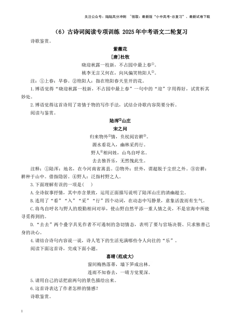 （6）古诗词阅读专项训练2025年中考语文二轮复习（含解析）_02中考总复习（2026版更新中）_01-语文-中考总复习_2025年中考资料_中考文言文专项