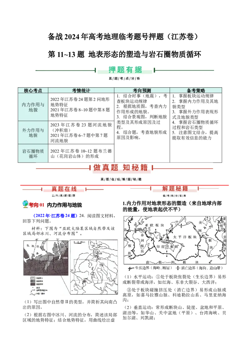 第11~13题地表形态的塑造与岩石圈物质循环-备战2024年高考地理临考题号押题（江苏卷）（原卷版）_9.2025地理总复习_2024年新高考资料_5.2024三轮冲刺