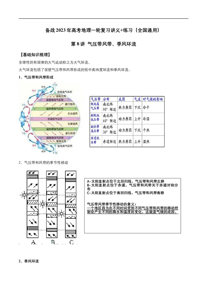 第8讲气压带风带、季风环流-备战2023年高考地理一轮复习讲义+练习（全国通用）（原卷版）_9.2025地理总复习_赠品通用版（老高考）复习资料_一轮复习