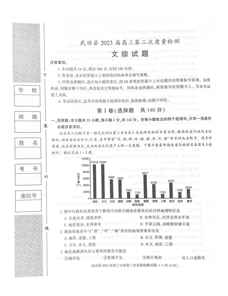 武功县2023届高三第二次质量检测文科综合试题_9.2025地理总复习_地理高考模拟题_老高考_2023年_2023届陕西省咸阳市武功县高三第二次质量检测文综