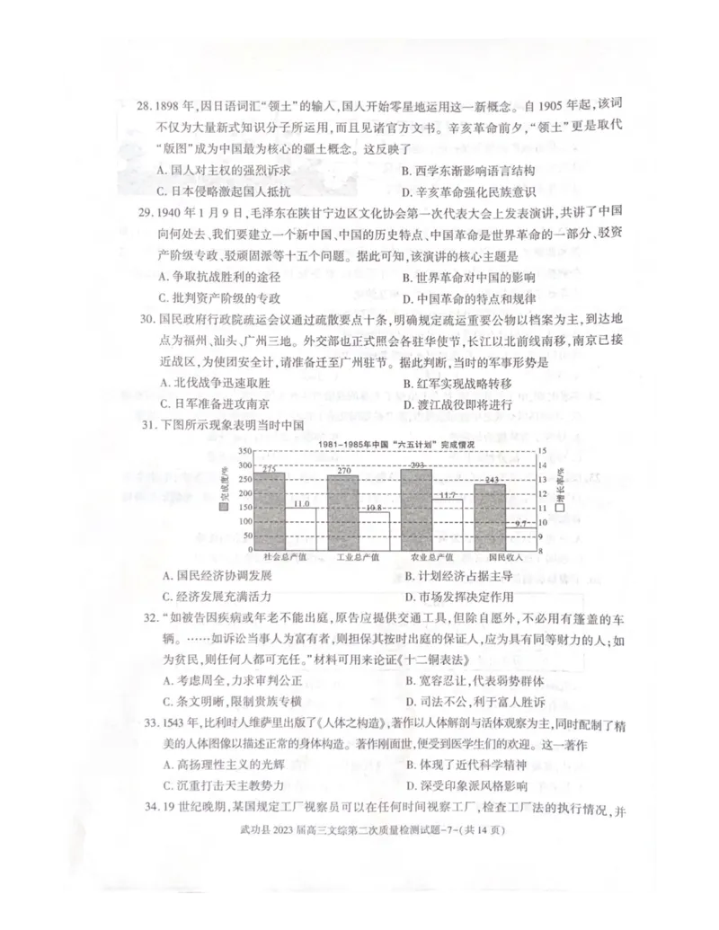 武功县2023届高三第二次质量检测文科综合试题_9.2025地理总复习_地理高考模拟题_老高考_2023年_2023届陕西省咸阳市武功县高三第二次质量检测文综