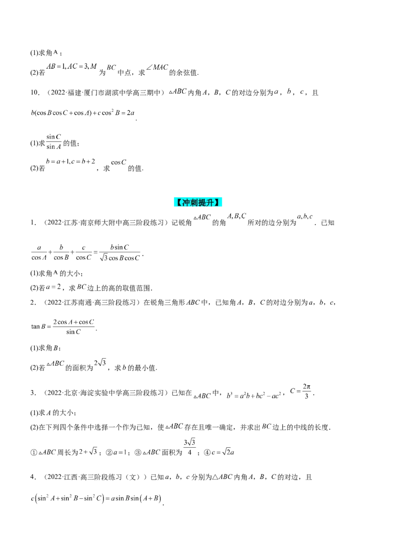 专题10解三角形问题（练）原卷版_2.2025数学总复习_2023年新高考资料_二轮复习_备战2023年高考数学二轮复习考点精讲练（新教材&middot;新高考）