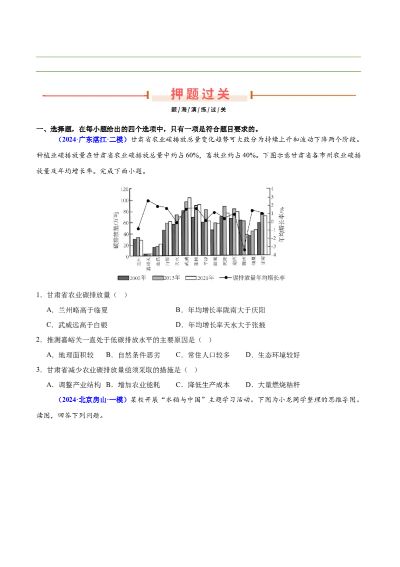 押广东卷第13~14题农业产业活动（生物、植被与土壤等）-备战2024年高考地理临考题号押题（广东卷）原卷版_9.2025地理总复习_2024年新高考资料_5.2024三轮冲刺