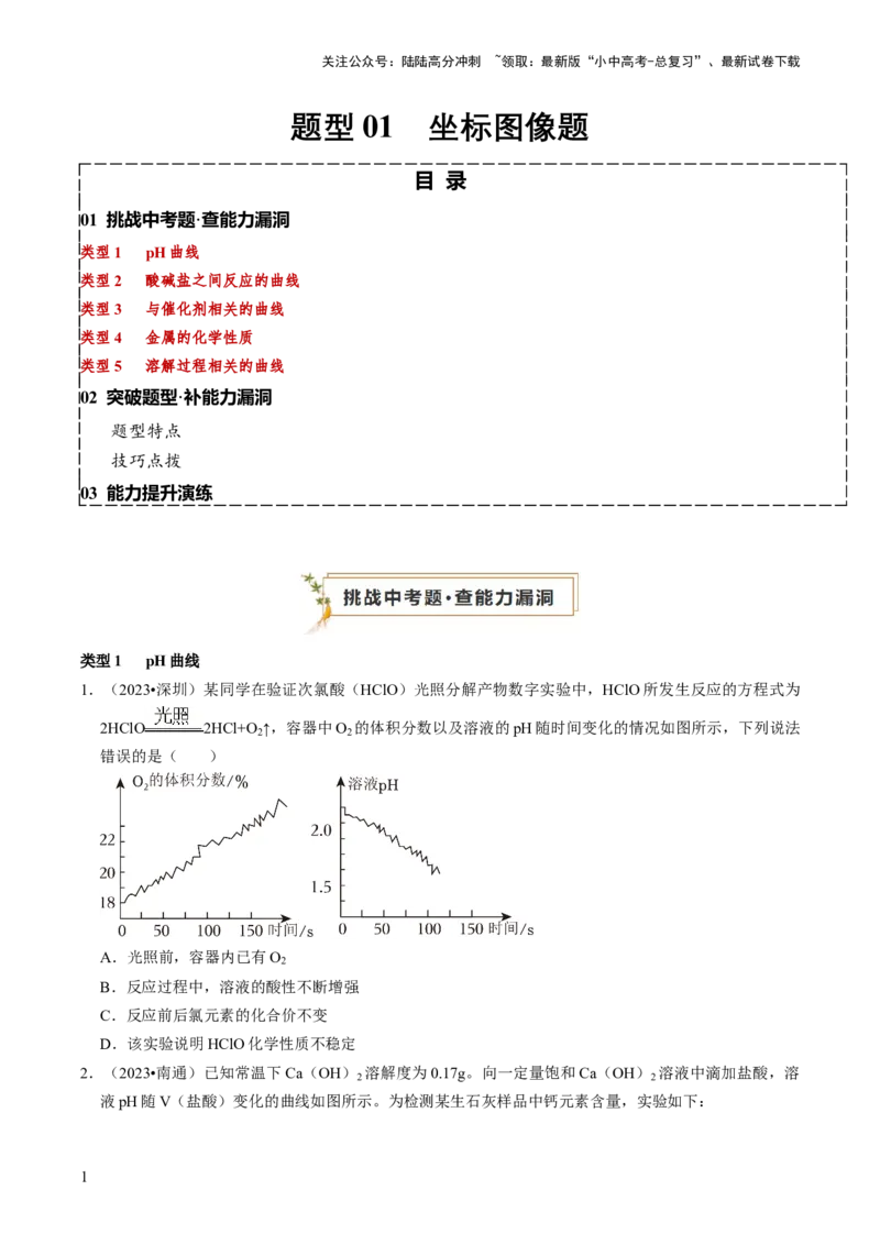题型01坐标图像题（原卷版）_02中考总复习（2026版更新中）_05-化学-中考总复习_2024年中考复习资料_三轮复习_查漏补缺2024年中考化学复习冲刺过关（全国通用）_查补能力&bull;提升练