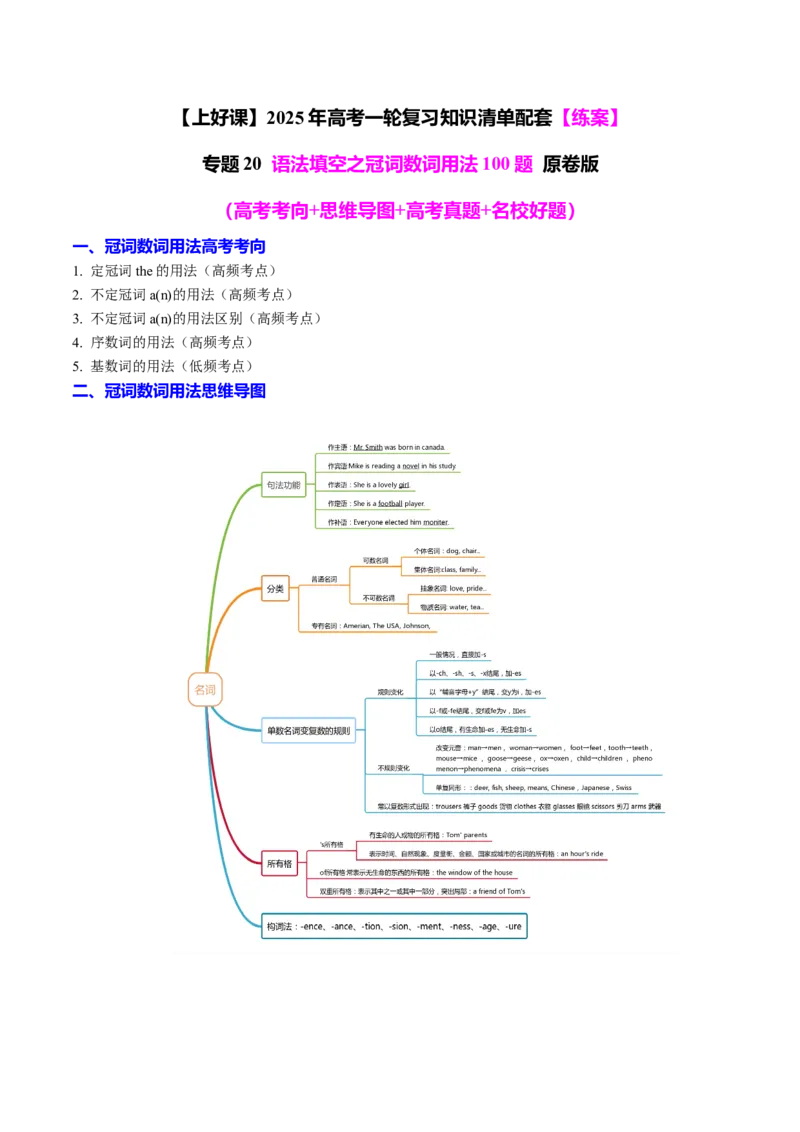 专题20语法填空之冠词数词用法100题（练案）原卷版_3.2025英语总复习_2025年新高考资料_一轮复习_2025年高考英语一轮复习知识清单