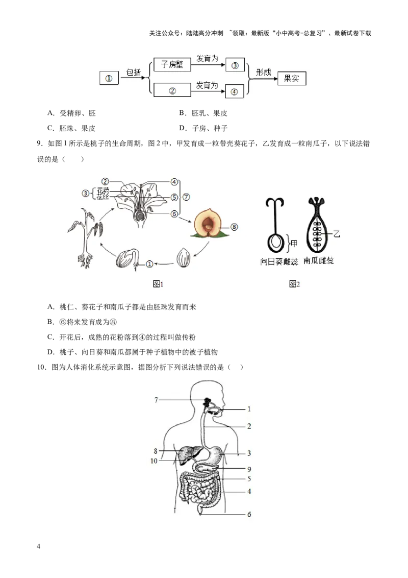 题型01读图理解（测试）（原卷版）_02中考总复习（2026版更新中）_08-生物-中考总复习_2025中考复习资料_2025中考二轮课件ppt+讲义+练习生物_测试