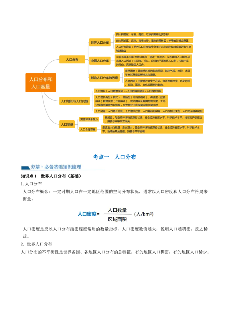 第20讲人口分布和人口容量（讲义）（原卷版）_9.2025地理总复习_2024年新高考资料_1.2024一轮复习_2024年高考地理一轮复习讲练测（新教材新高考）