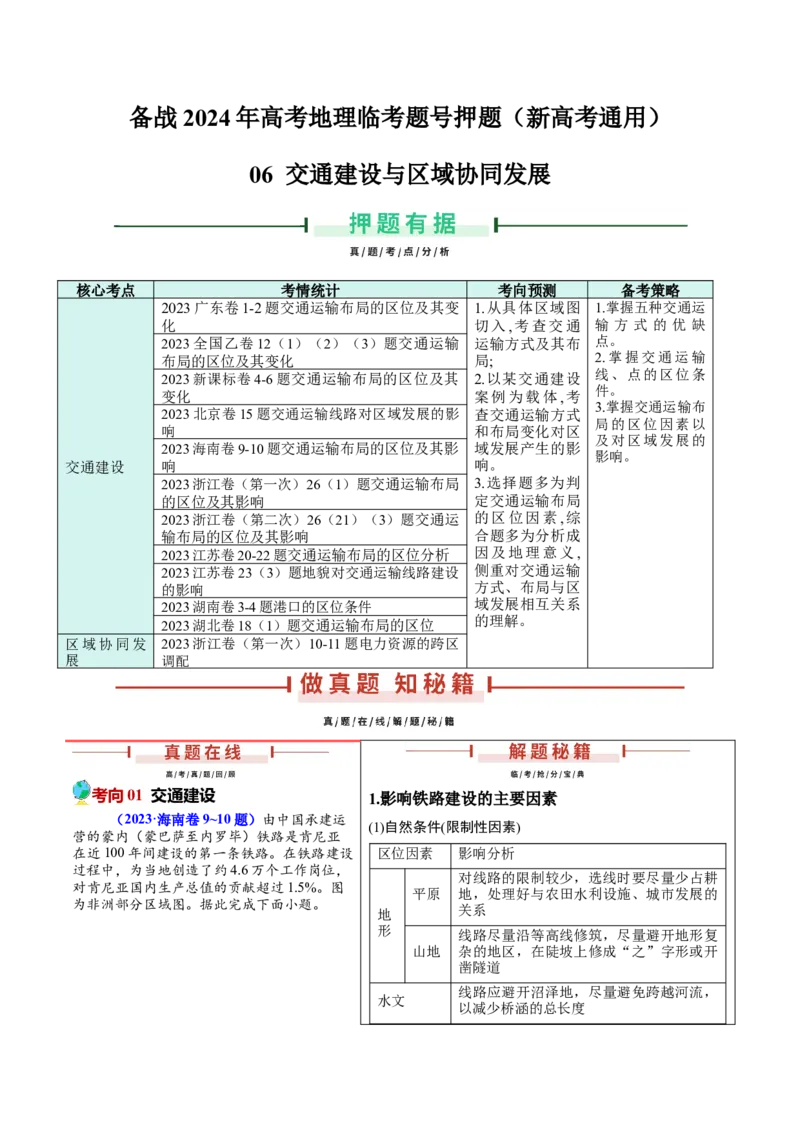 押新高考06交通建设与区域协同发展-备战2024年高考地理临考题号押题（新高考通用）（原卷版）_9.2025地理总复习_2024年新高考资料_5.2024三轮冲刺