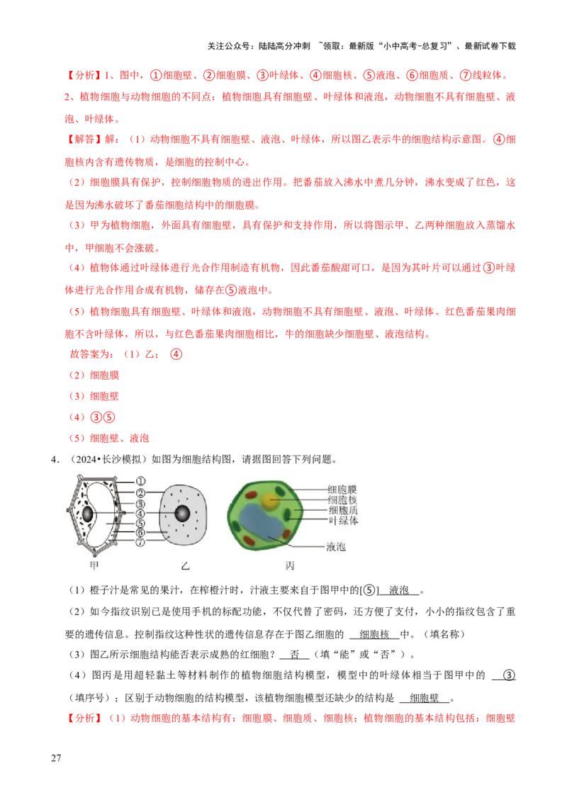 题型突破一结构图作答（解析版）_02中考总复习（2026版更新中）_08-生物-中考总复习_2024年中考复习资料_三轮复习_查漏补缺2024年中考生物复习冲刺过关（全国通用）_查补能力&middot;提升练
