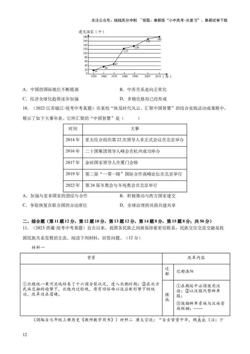 （练习）专题16民族团结与祖国统一、国防建设与外交成就（原卷版）_02中考总复习（2026版更新中）_06-历史-中考总复习_2024年中考复习资料_一轮复习_配套练习（原卷版+解析版）