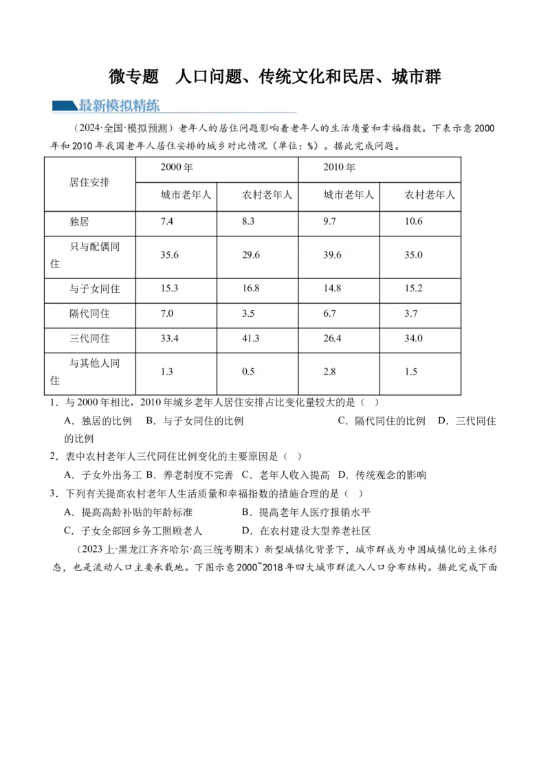 微专题人口问题、传统文化和民居、城市群（练习）（原卷版）_9.2025地理总复习_2024年新高考资料_2.2024二轮复习_2024年高考地理二轮复习讲练测（新教材新高考）_微专题