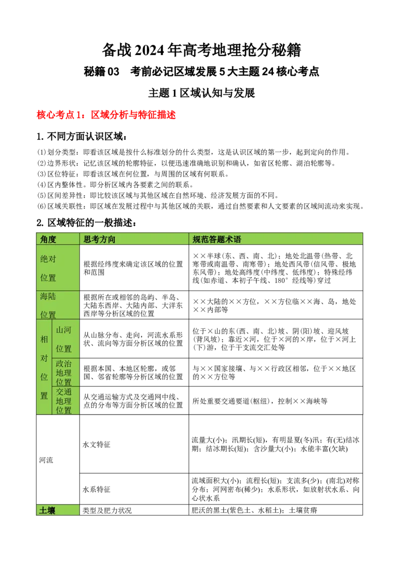 秘籍03考前必记区域发展核心考点（5大主题24核心考点）-备战2024年高考地理抢分秘籍（新高考专用）_9.2025地理总复习_2024年新高考资料_5.2024三轮冲刺