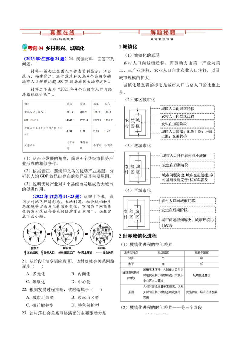 第14~16题乡村和城镇-备战2024年高考地理临考题号押题（江苏卷）（解析版）_9.2025地理总复习_2024年新高考资料_5.2024三轮冲刺_备战2024年高考地理临考题号押题（江苏卷）323403113