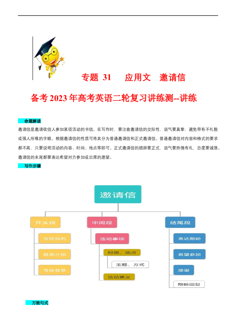 专题31应用文邀请信--备考2023年高考二轮英语复习讲练测--讲练_3.2025英语总复习_赠品通用版（老高考）复习资料_二轮复习_2023年高考英语二轮复习讲练测（全国通用）
