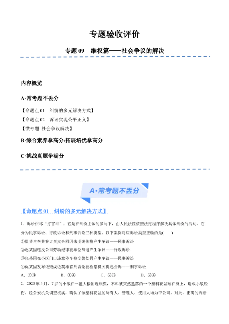 专题09维权篇&mdash;&mdash;社会争议的解决（分层练）（原卷版）_8.2025政治总复习_2024年新高考资料_2.2024二轮复习