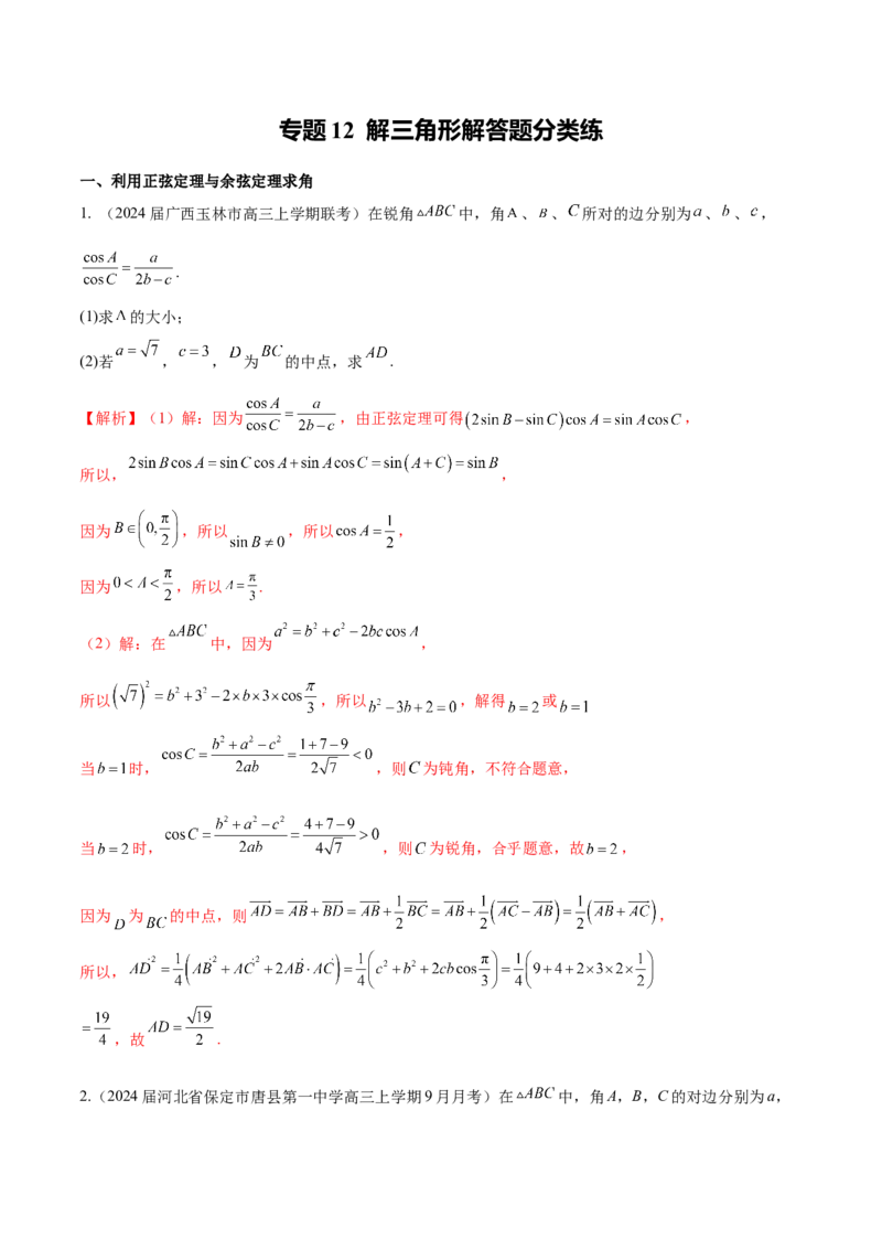 专题12解三角形解答题分类练（解析版）_2.2025数学总复习_2024年新高考资料_1.2024一轮复习_2024年高考数学热点难点特色专题分题型强化训练（新高考专用）