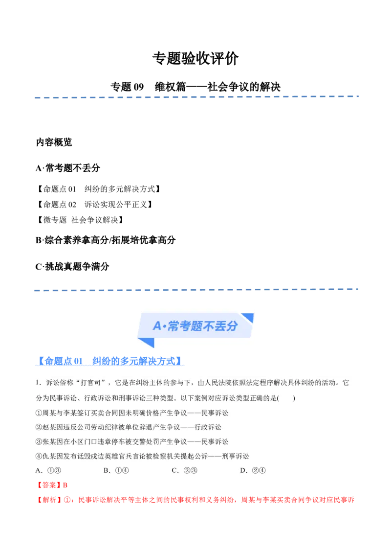 专题09维权篇&mdash;&mdash;社会争议的解决（分层练）（解析版）_8.2025政治总复习_2024年新高考资料_2.2024二轮复习