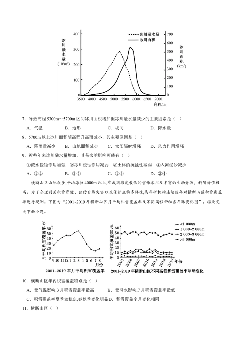 雪线-2023年高三地理二轮小专题练习（新课标）（原卷版)_9.2025地理总复习_2023年新高考复习资料_二轮复习_寒假小练2023年高三地理二轮小专题练习（新课标）291470456