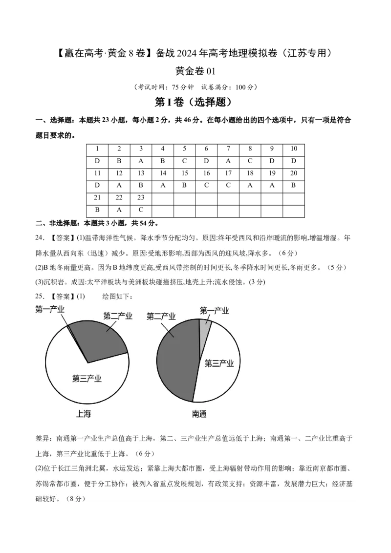 黄金卷03-赢在高考&middot;黄金8卷备战2024年高考地理模拟卷（江苏专用）（参考答案）_9.2025地理总复习_2024年新高考资料_4.2024高考模拟预测试卷