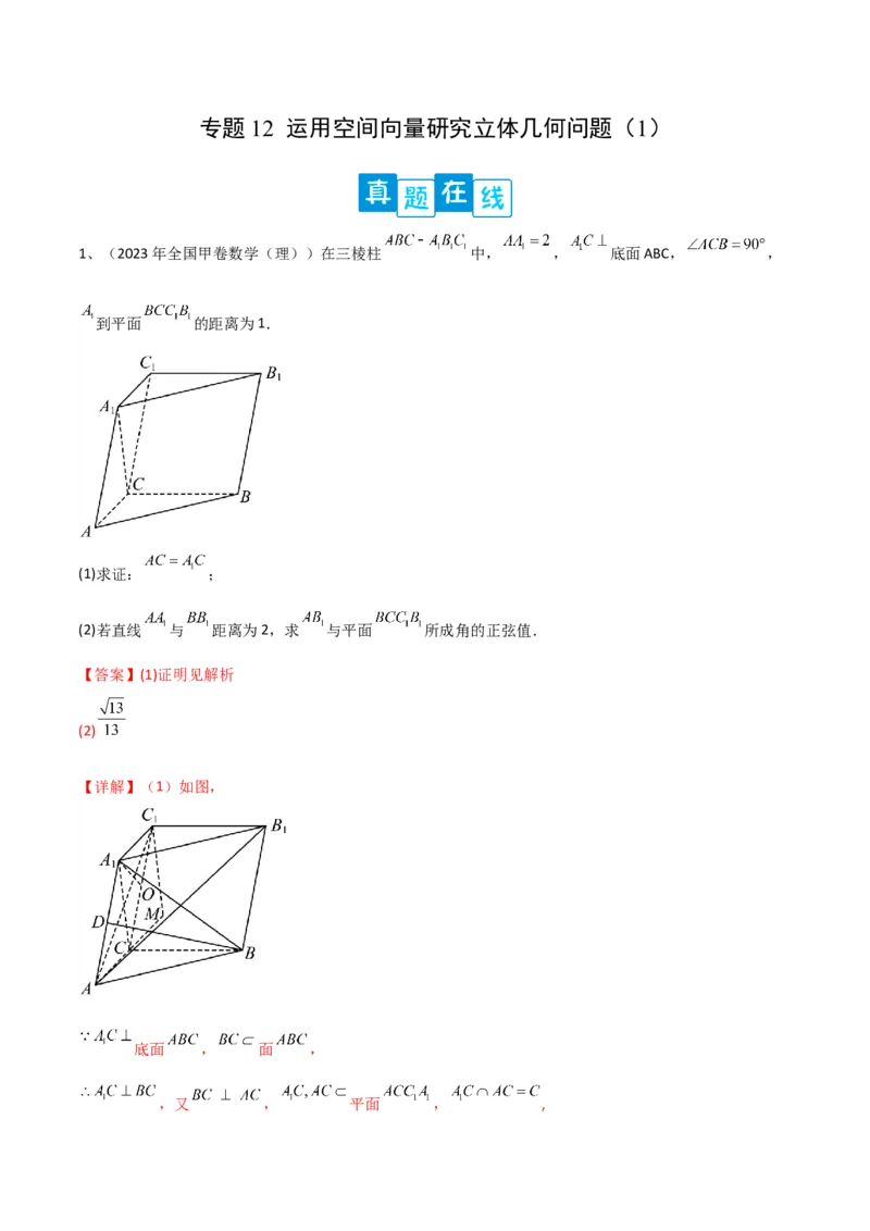 专题12运用空间向量研究立体几何问题（1）（解析版）_2.2025数学总复习_2024年新高考资料_2.2024二轮复习_2024年高三数学二轮优化提优专题训练