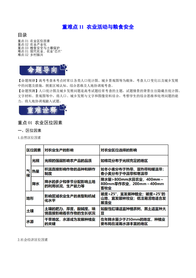 重难点11农业活动与粮食安全-2024年高考地理热点&middot;重点&middot;难点专练（新高考专用）（解析版）_9.2025地理总复习_2024年新高考资料_3.2024专项复习