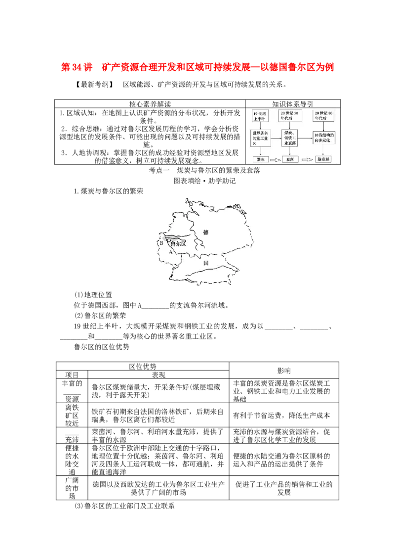 统考版2023版高三地理一轮复习第34讲矿产资源合理开发和区域可持续发展__以德国鲁尔区为例学生用书_9.2025地理总复习_赠品通用版（老高考）复习资料_一轮复习