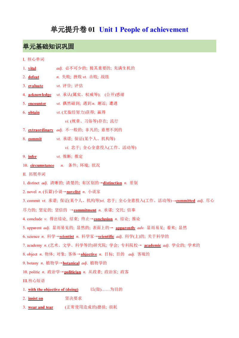 单元提升卷01选必一Unit1Peopleofachievement（解析版）_3.2025英语总复习_2025年新高考资料_一轮复习_2025年高考英语一轮复习考点通关卷（新高考通用）