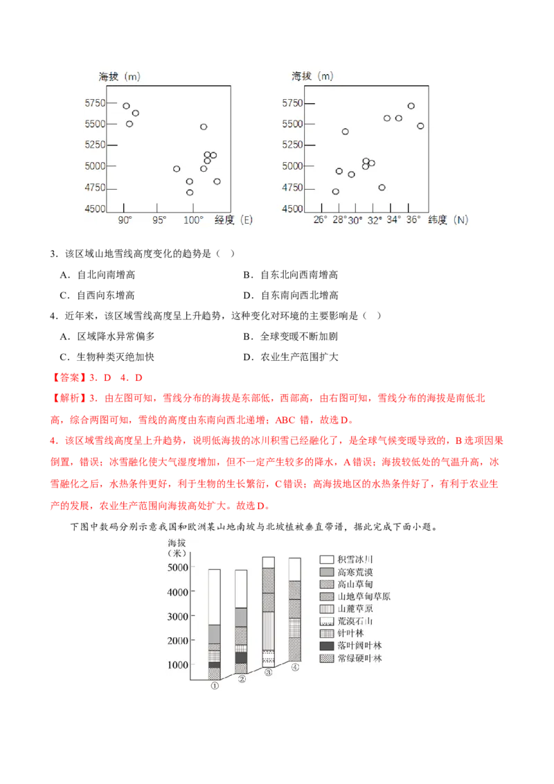 雪线-2023年高三地理二轮小专题练习（新课标）（解析版)_9.2025地理总复习_2023年新高考复习资料_二轮复习_寒假小练2023年高三地理二轮小专题练习（新课标）291470456