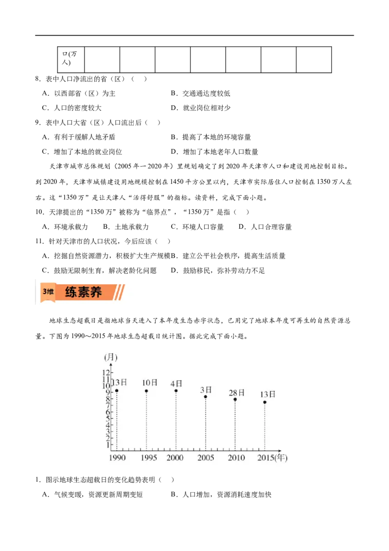 考点03人口容量-2023年高考地理一轮复习小题多维练（原卷版）_9.2025地理总复习_2023年新高考复习资料_一轮复习_2023年高考地理一轮复习小题多维练（新高考专用）_人口