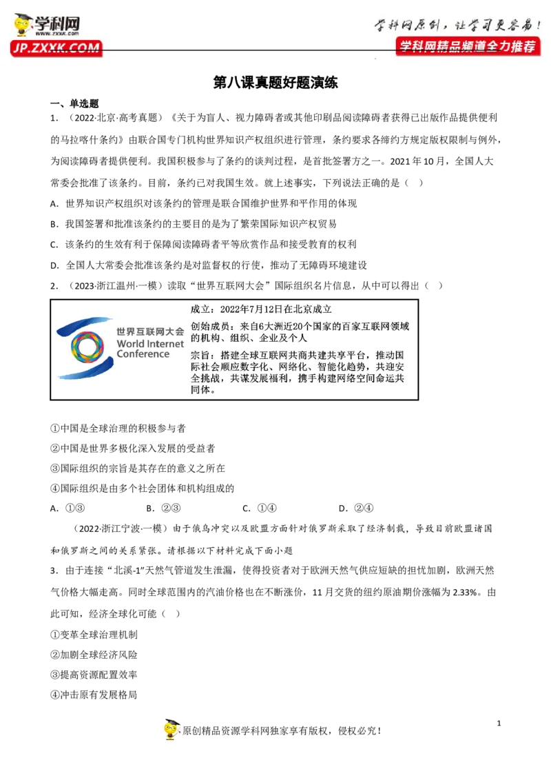 专题08主要的国际组织（真题好题演练）（原卷版）_8.2025政治总复习_2023年新高考资料_一轮复习_备战2023年高考政治一轮复习全考点金牌课件