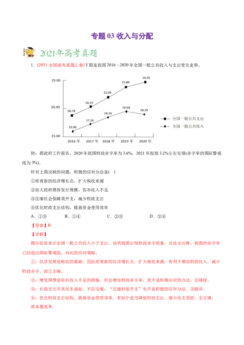 专题03收入与分配-2021年高考政治真题与模拟题分类训练（教师版含解析）_8.2025政治总复习_2023年新高考资料_一轮复习_2023年新高考大一轮复习讲义