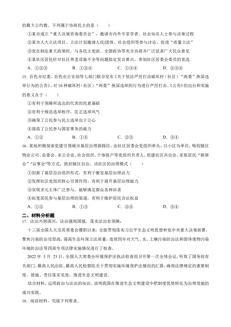必修3第二单元人民当家作主一轮复习精练（含答案+解析）_8.2025政治总复习_2025年新高考资料_一轮复习_备考2025新高考政治一轮复习精练（含答案+解析）