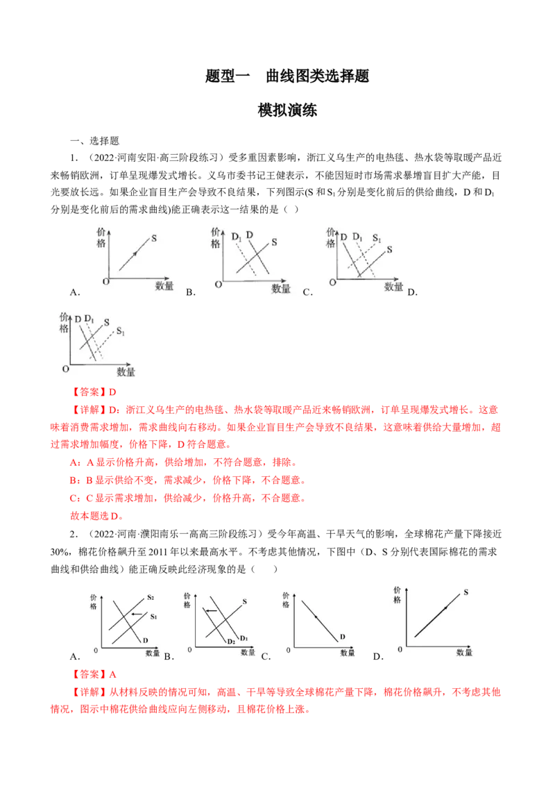 专题一曲线图类选择题模拟演练（解析版）_8.2025政治总复习_赠品通用版（老高考）复习资料_二轮复习_2023年高考政治毕业班二轮热点题型归纳与变式演练（全国通用）