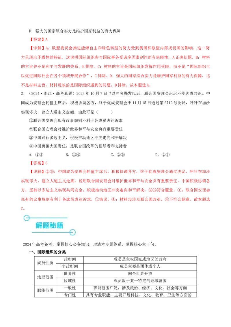 押江苏卷第8题国际组织（解析版）-备战2024年高考政治临考题号押题（江苏卷）_8.2025政治总复习_2024年新高考资料_5.2024三轮冲刺