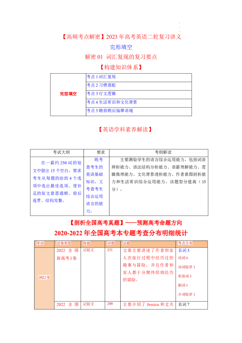 完形填空解密01词汇复现（讲义）-高频考点解密2023年高考英语二轮复习讲义+分层训练（新高考专用）（教师版）_3.2025英语总复习_2023年新高考资料_二轮复习