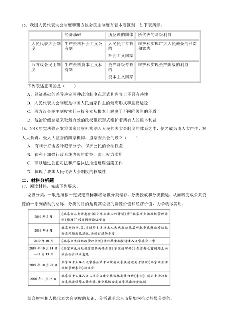 必修3第五课我国的根本政治制度一轮复习精练（含答案+解析）_8.2025政治总复习_2025年新高考资料_一轮复习_备考2025新高考政治一轮复习精练（含答案+解析）
