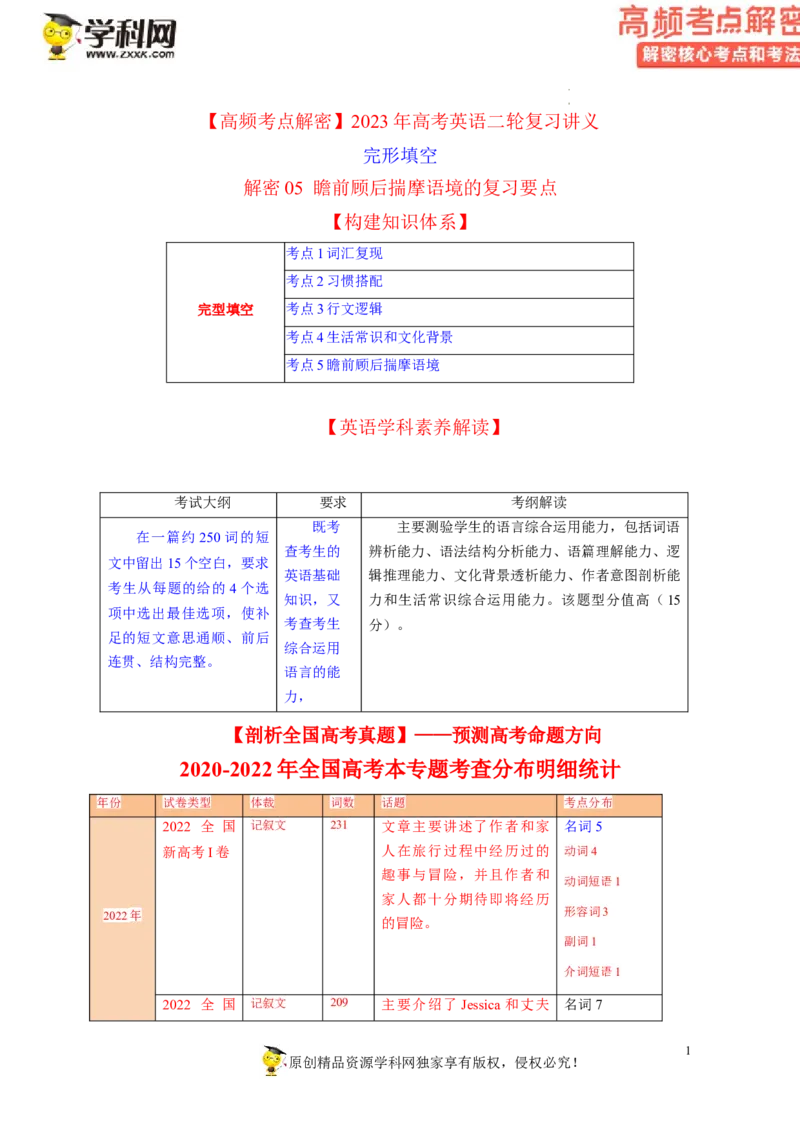 完形填空解密05瞻前顾后揣摩语境（讲义-高频考点解密2023年高考英语二轮复习讲义+分层训练（新高考专用）（学生版）_3.2025英语总复习_2023年新高考资料_二轮复习
