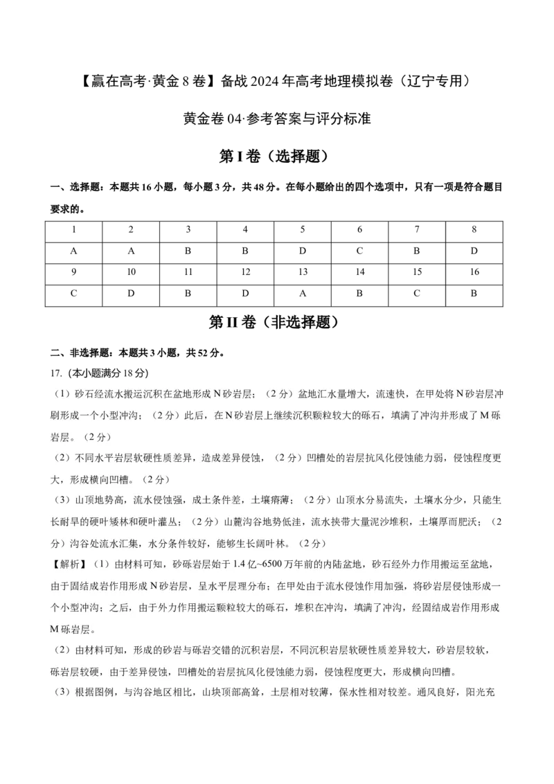 黄金卷04（参考答案）-赢在高考&middot;黄金8卷备战2024年高考地理模拟卷（辽宁专用）_9.2025地理总复习_2024年新高考资料_4.2024高考模拟预测试卷