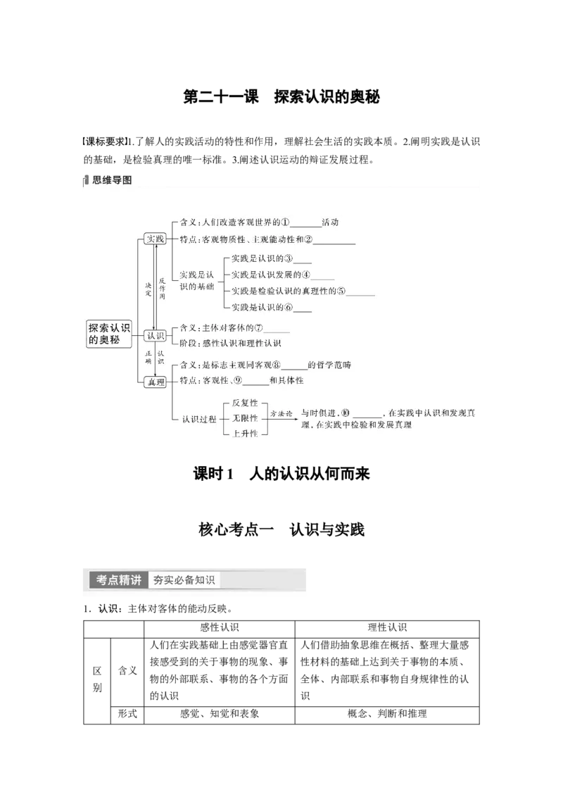 必修4　第21课　课时1　人的认识从何而来_8.2025政治总复习_2024年新高考资料_1.2024一轮复习_2024年高考政治一轮复习讲义（部编版）_学生版在此文件夹_大一轮复习讲义_必修4　哲学与文化