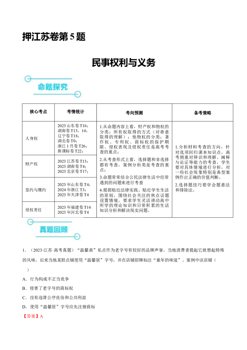 押江苏卷第5题民事权利与义务（解析版）-备战2024年高考政治临考题号押题（江苏卷）_8.2025政治总复习_2024年新高考资料_5.2024三轮冲刺