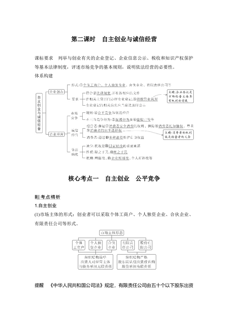 高中思想政治2025届一轮复习选择性必修二：第三十一课第二课时　自主创业与诚信经营_8.2025政治总复习_2025年新高考资料_一轮复习