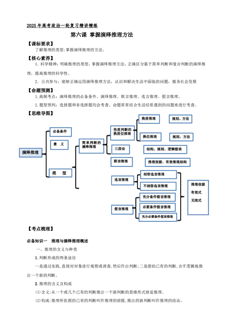 第六课掌握演绎推理方法学案（原卷版）抢分秘籍2025年高考政治一轮复习精讲精练_8.2025政治总复习_2025年新高考资料_一轮复习_2025年高考政治一轮复习精讲精练（原卷版+解析版）