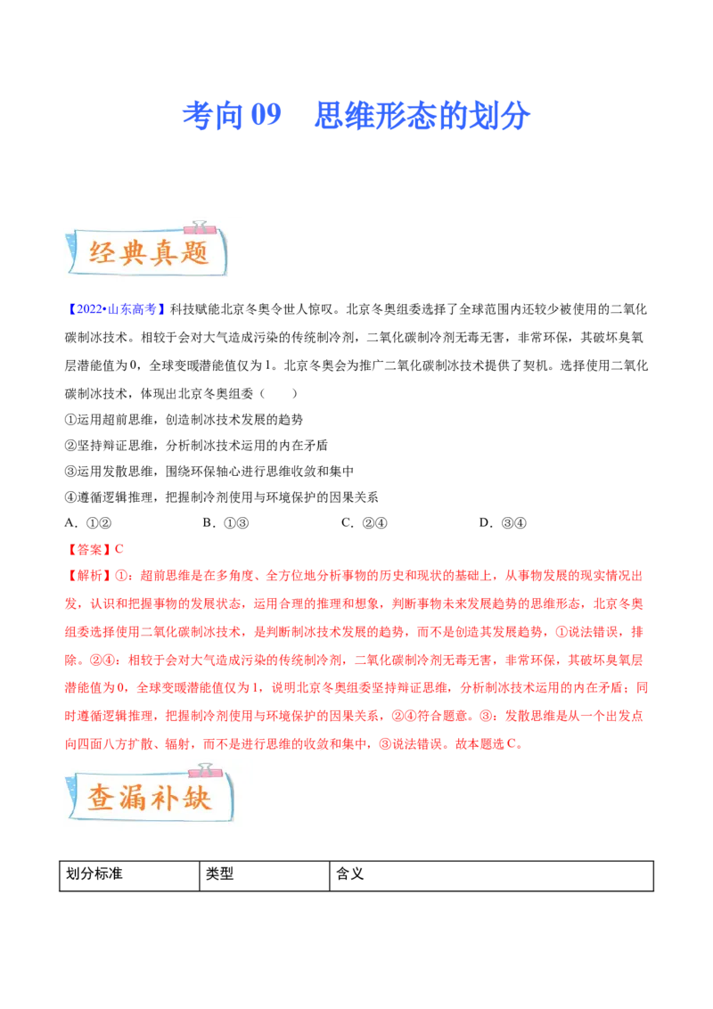 考向09思维形态的划分（解析版）_8.2025政治总复习_2023年新高考资料_一轮复习_备战2023年高考政治一轮复习考点微专题（新高考专用）