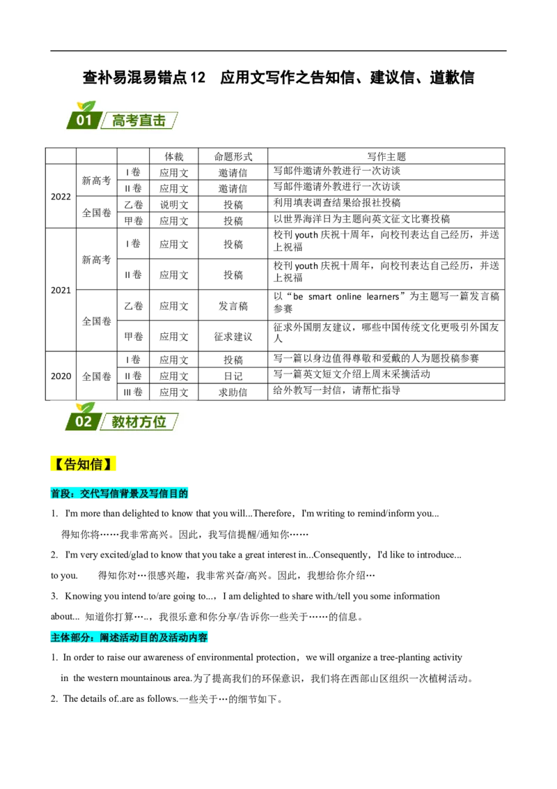 查补易混易错点12应用文写作之告知信、建议信、道歉信（原卷版）_3.2025英语总复习_赠品通用版（老高考）复习资料_三轮复习