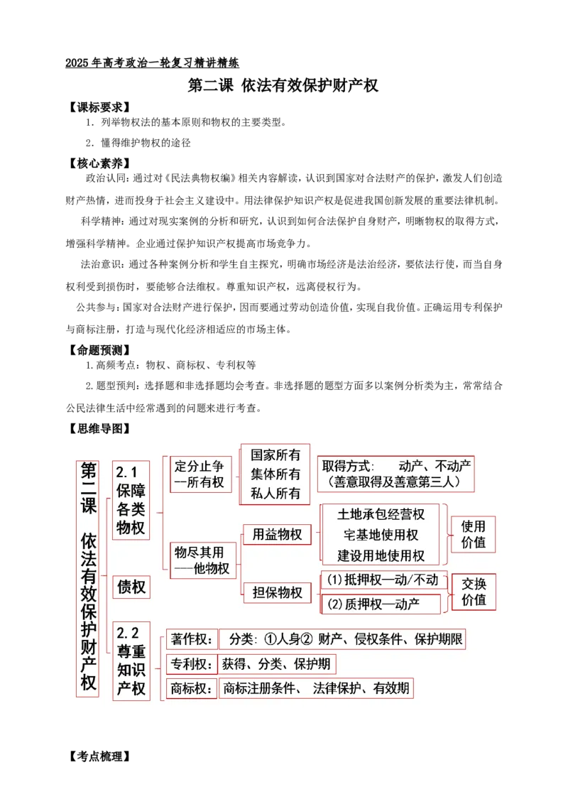 第二课依法有效保护财产权学案（原卷版）抢分秘籍2025年高考政治一轮复习精讲精练_8.2025政治总复习_2025年新高考资料_一轮复习_2025年高考政治一轮复习精讲精练（原卷版+解析版）