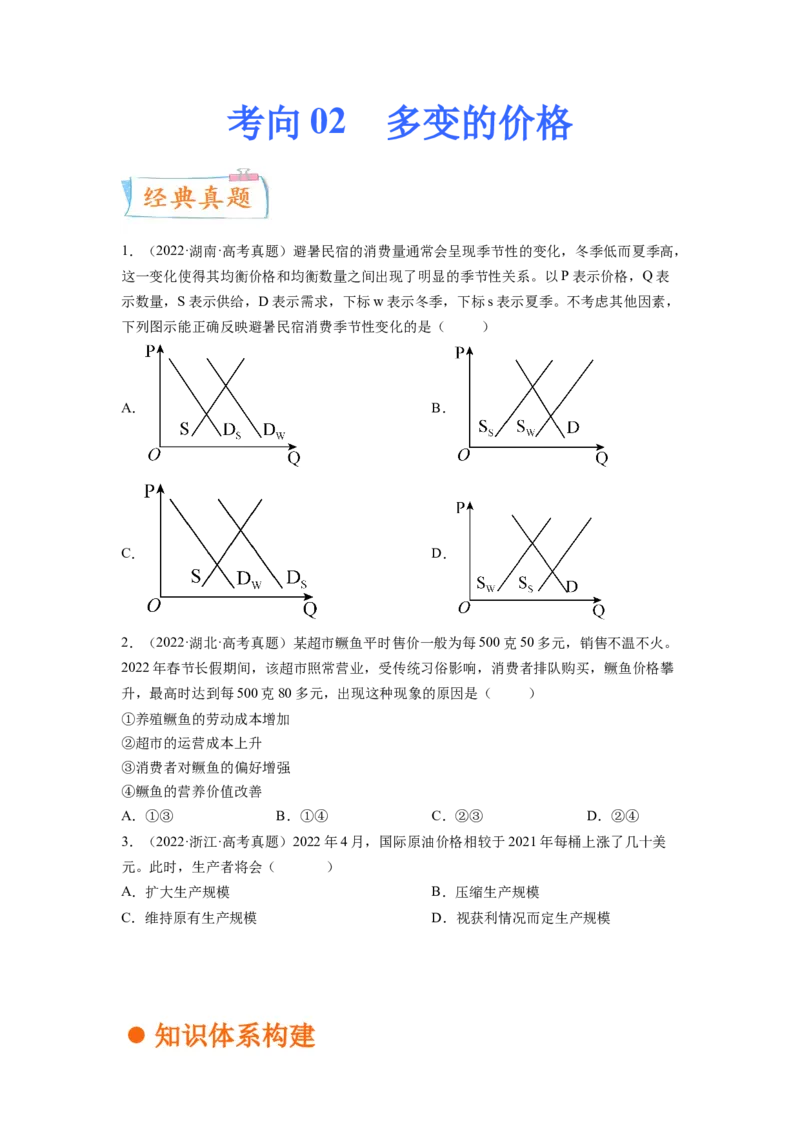 考向02多变的价格（原卷版）_8.2025政治总复习_赠品通用版（老高考）复习资料_一轮复习_备战2023年高考政治一轮复习考点微专题（全国通用）
