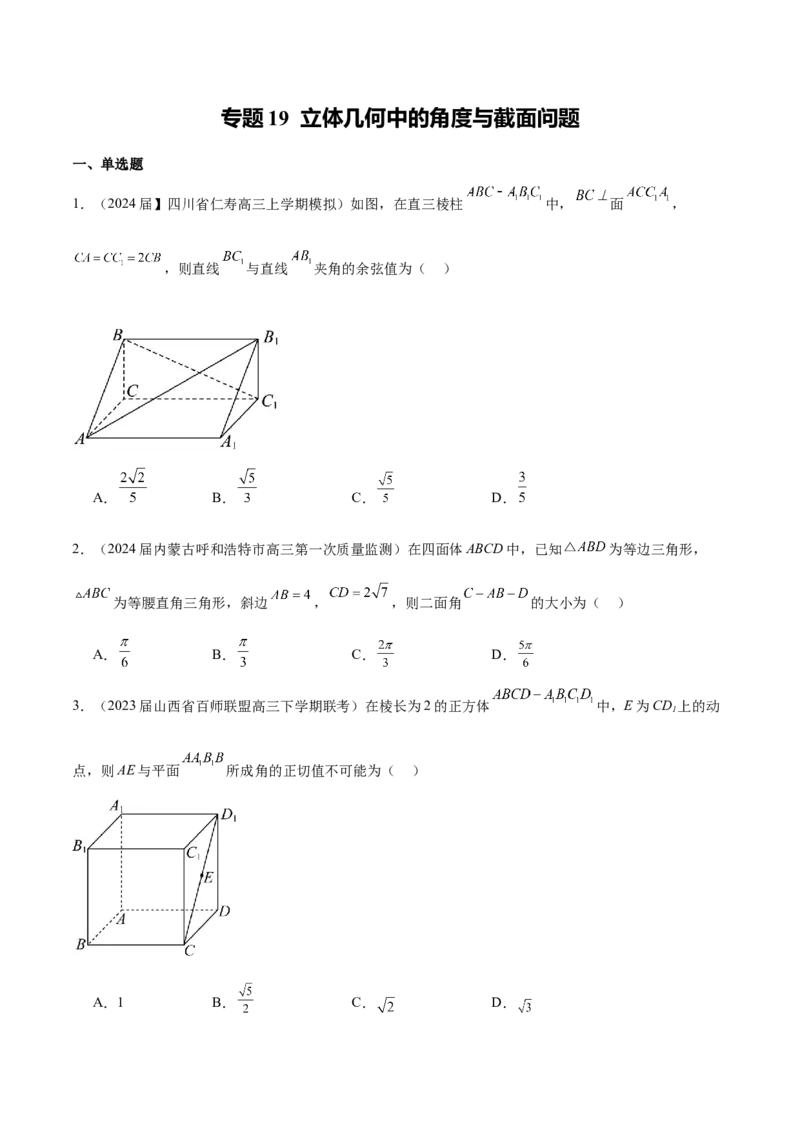 专题19立体几何客观题中的角度与截面问题（原卷版）_2.2025数学总复习_2024年新高考资料_1.2024一轮复习_2024年高考数学热点难点特色专题分题型强化训练（新高考专用）