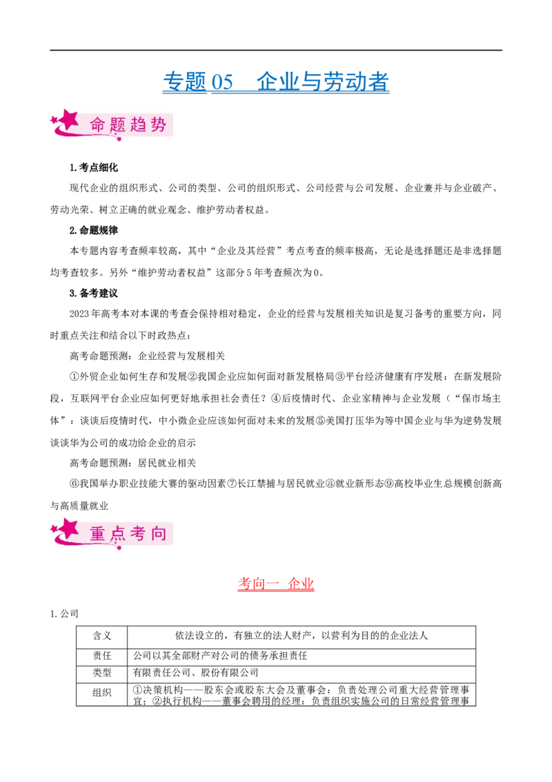 考点05企业与劳动者（考点帮）-备战2023年高考政治一轮复习考点帮（人教版）_8.2025政治总复习_赠品通用版（老高考）复习资料_一轮复习