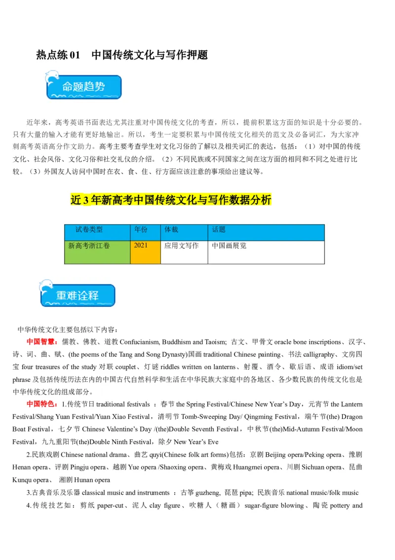 热点01中国传统文化与写作押题-2024年高考英语热点&middot;重点&middot;难点专练（新高考专用）（原卷版）_3.2025英语总复习_2024年新高考资料_3.2024专项复习