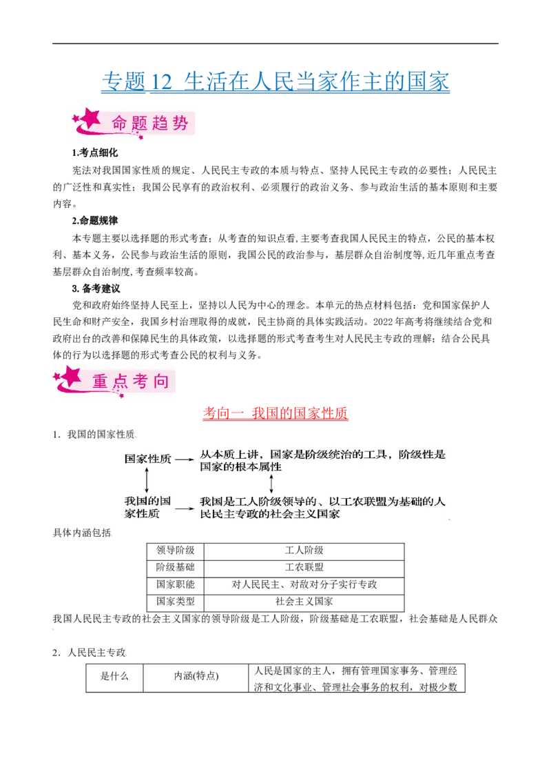 考点12生活在人民当家作主的国家（考点帮）-备战2023年高考政治一轮复习考点帮（人教版）_8.2025政治总复习_赠品通用版（老高考）复习资料_一轮复习